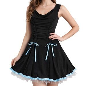 Taboo Vintage Y2K MEDIUM Womens Dress Ruched Bows & Tulle Mini Goth Coquette
